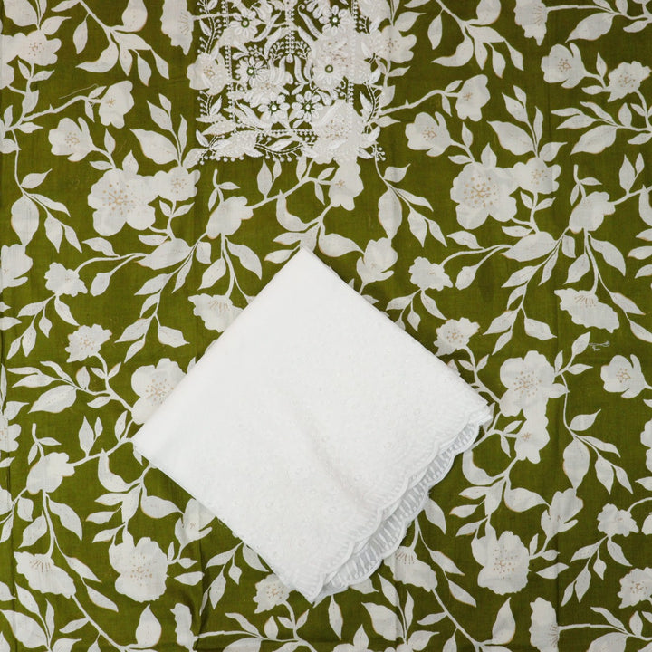 Kush Leaf Green Floral Print Thread Embroidered Work Neck Cotton 2 Piece Set