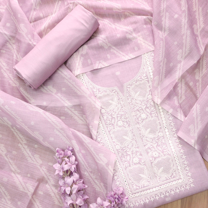 Nigahen Mauve Lilac Thread Embroidered Neck Work Cotton Linen Suit Set