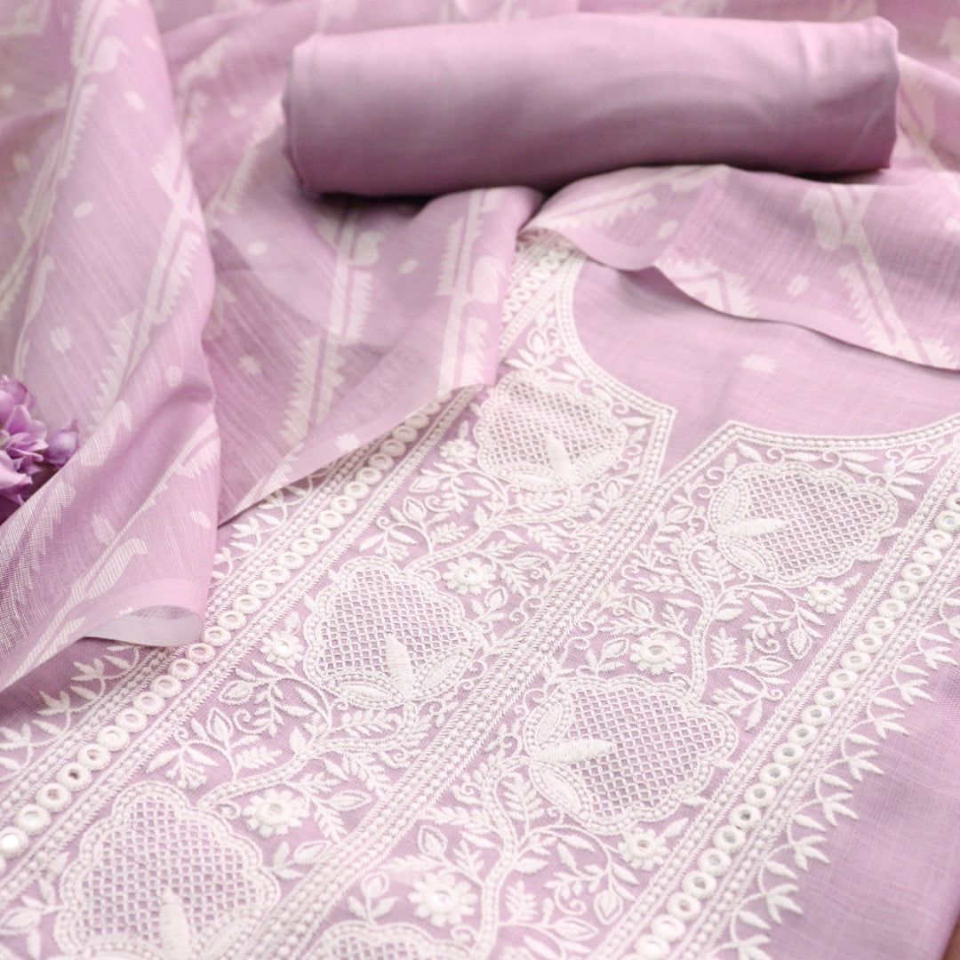 Nigahen Mauve Lilac Thread Embroidered Neck Work Cotton Linen Suit Set
