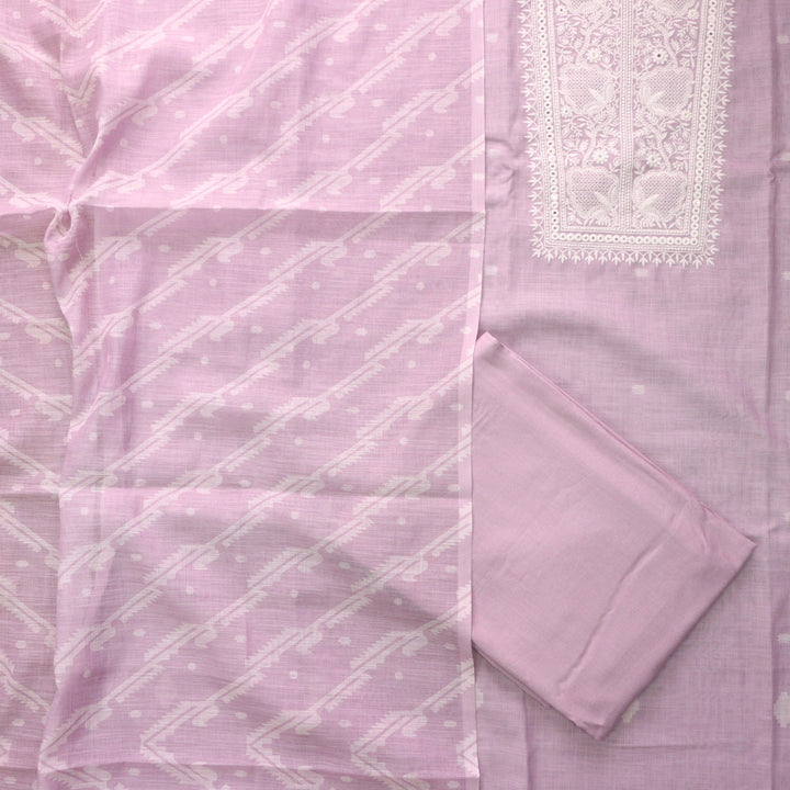 Nigahen Mauve Lilac Thread Embroidered Neck Work Cotton Linen Suit Set