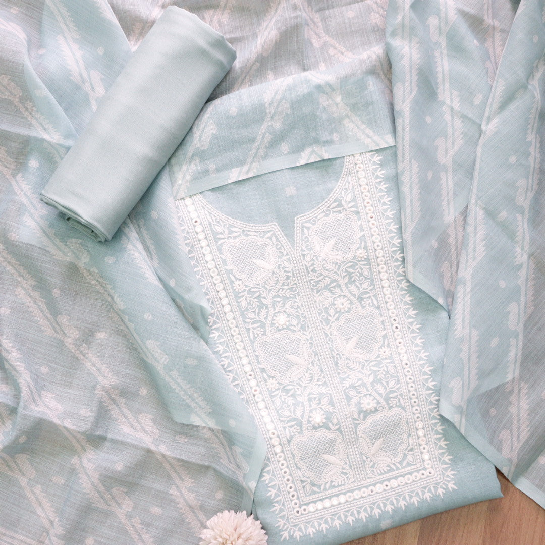Nigahen Sage Mint Green Thread Embroidered Neck Work Cotton Linen Suit Set
