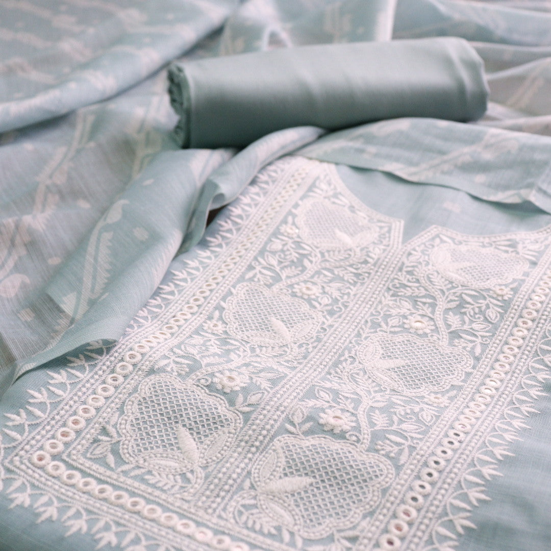 Nigahen Sage Mint Green Thread Embroidered Neck Work Cotton Linen Suit Set