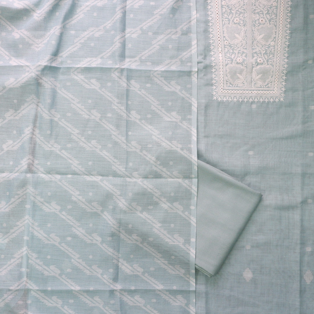 Nigahen Sage Mint Green Thread Embroidered Neck Work Cotton Linen Suit Set
