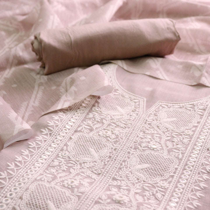 Nigahen Sand Beige Thread Embroidered Neck Work Cotton Linen Suit Set