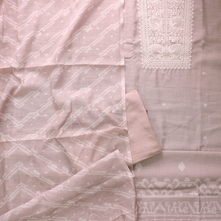 Nigahen Sand Beige Thread Embroidered Neck Work Cotton Linen Suit Set