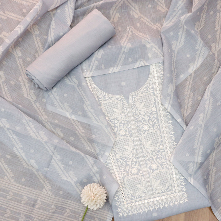 Nigahen Light Grey Thread Embroidered Neck Work Cotton Linen Suit Set