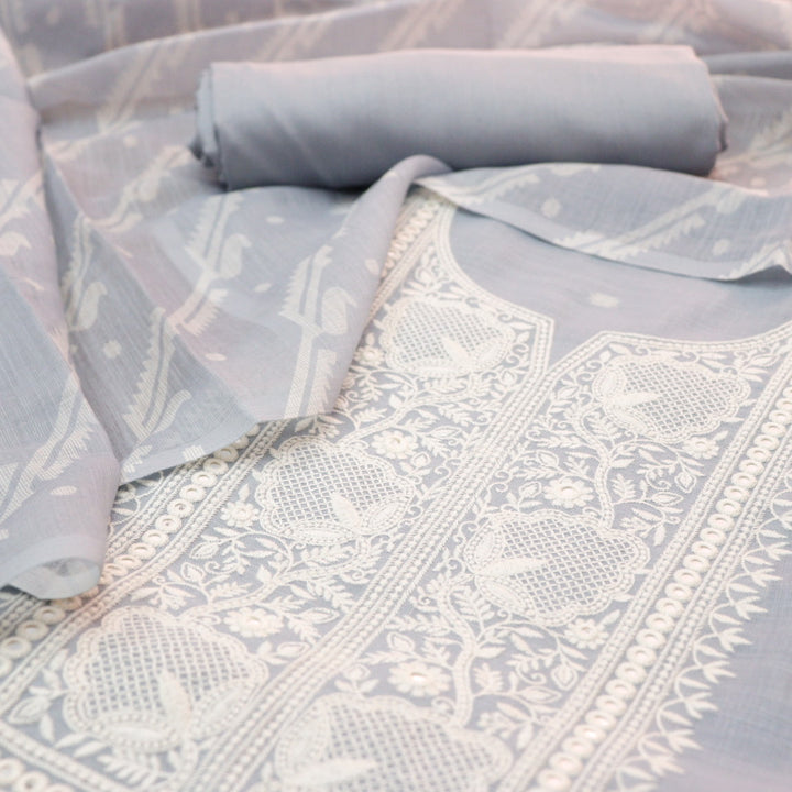 Nigahen Light Grey Thread Embroidered Neck Work Cotton Linen Suit Set