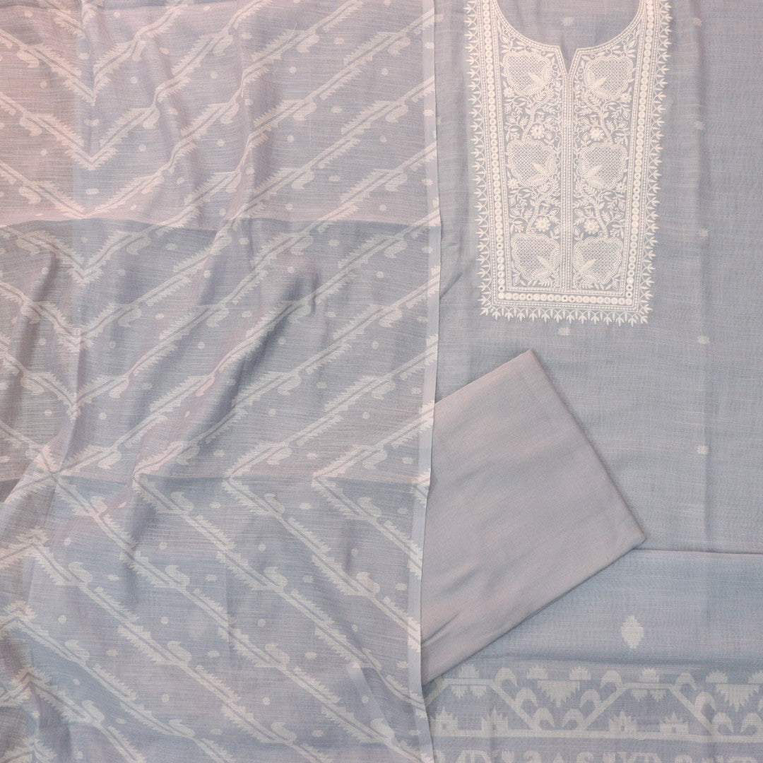 Nigahen Light Grey Thread Embroidered Neck Work Cotton Linen Suit Set
