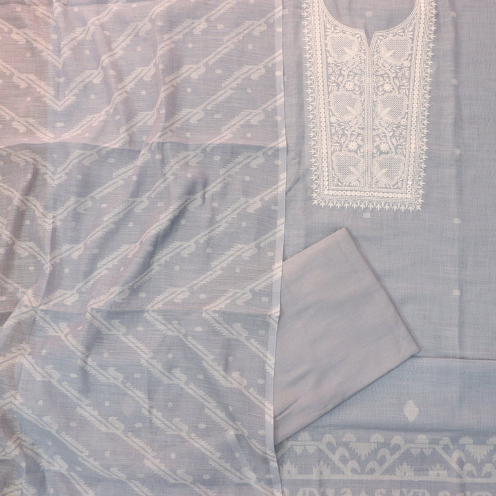 Nigahen Light Grey Thread Embroidered Neck Work Cotton Linen Suit Set