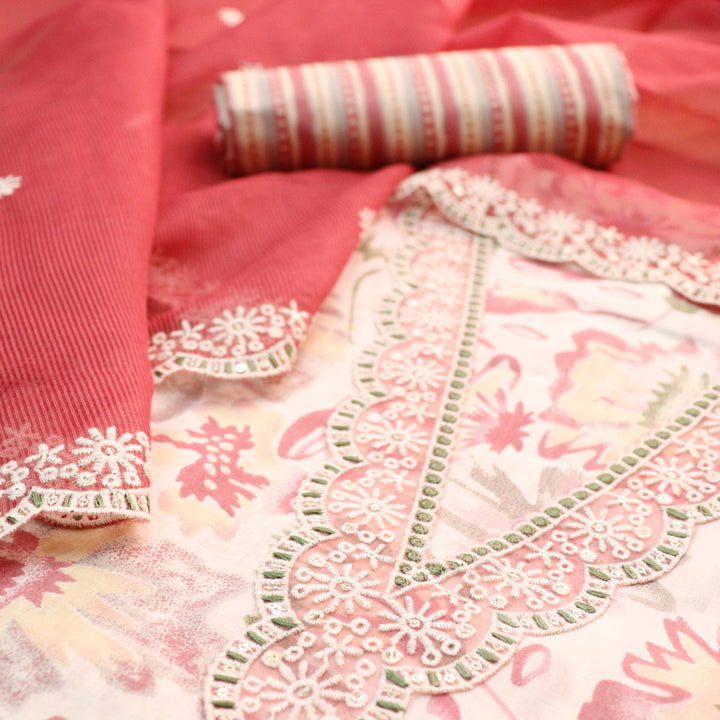 Raina Blush Pink V Neck Lace Work Floral Print Cotton Suit Set