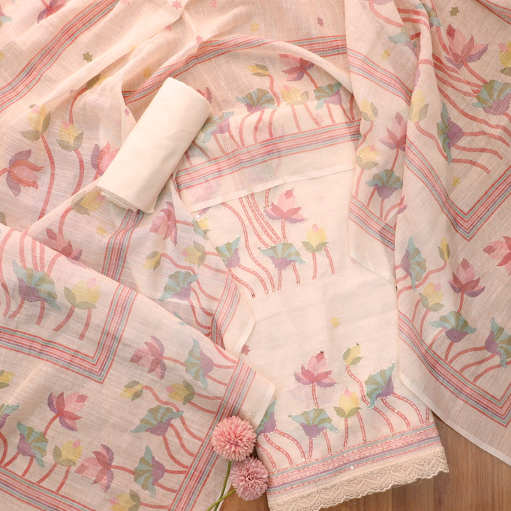 Subharum Ivory White Floral Printed with Kantha Thread Work Cotton Linen Set