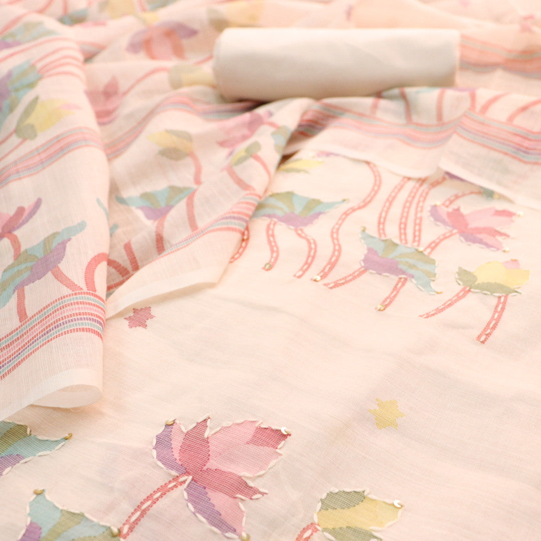 Subharum Ivory White Floral Printed with Kantha Thread Work Cotton Linen Set