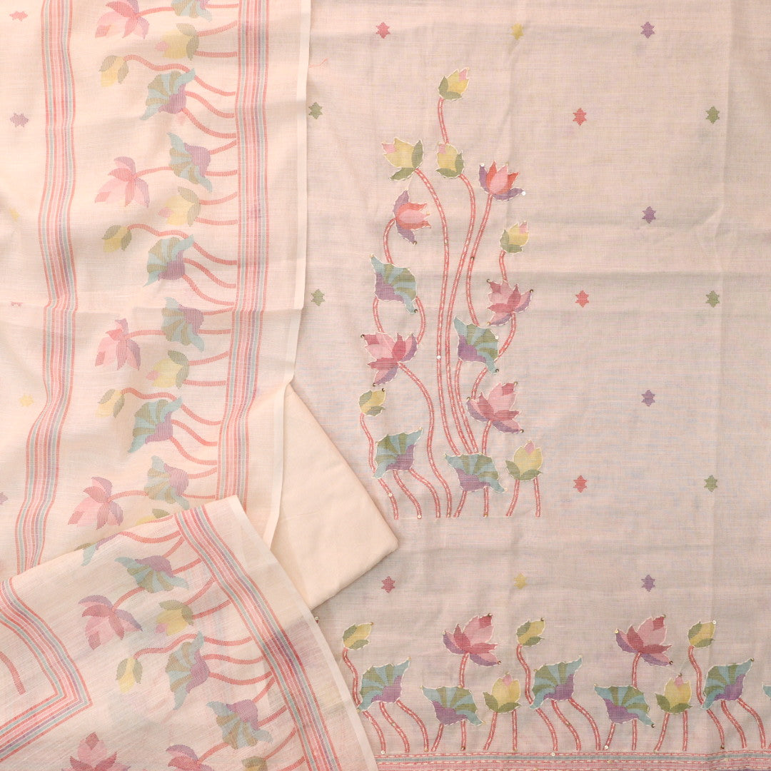 Subharum Ivory White Floral Printed with Kantha Thread Work Cotton Linen Set