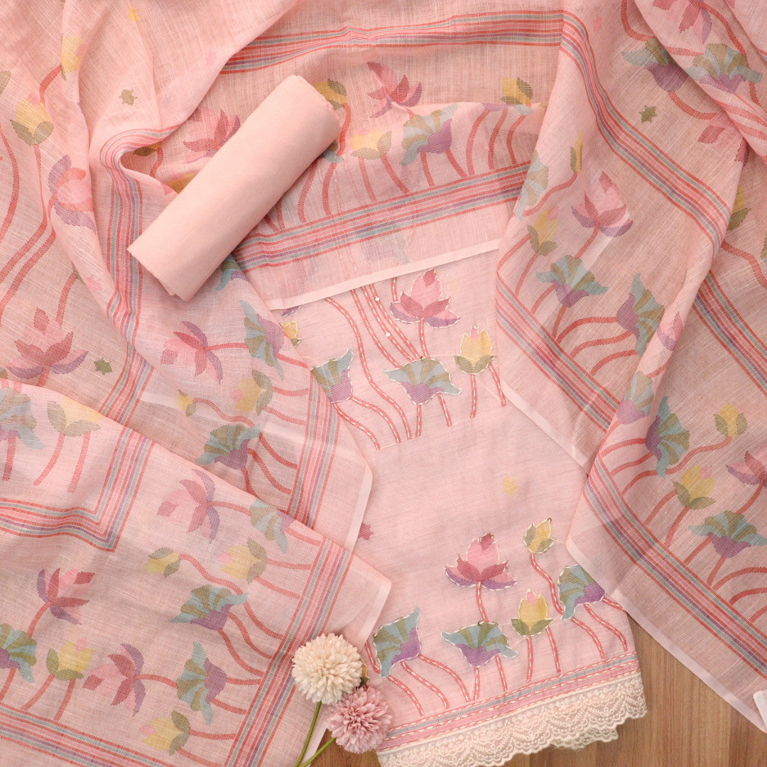 Subharum Rose Pink Floral Printed with Kantha Thread Work Cotton Linen Set
