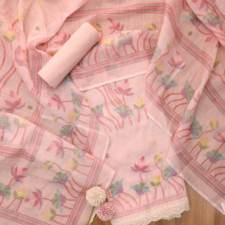 Subharum Rose Pink Floral Printed with Kantha Thread Work Cotton Linen Set