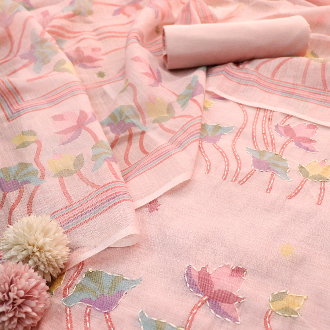 Subharum Rose Pink Floral Printed with Kantha Thread Work Cotton Linen Set