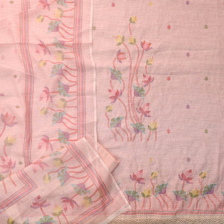 Subharum Rose Pink Floral Printed with Kantha Thread Work Cotton Linen Set