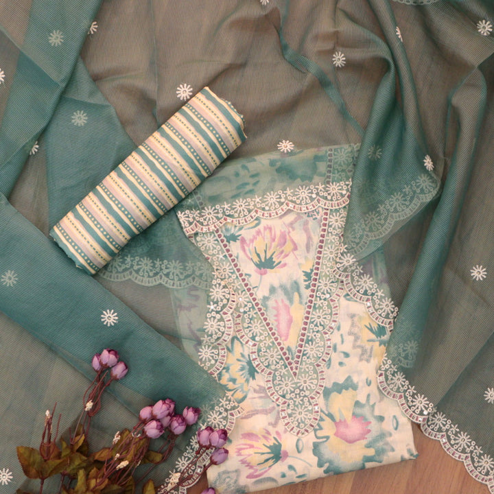 Raina  Bottle Green V Neck Lace Work Floral Print Cotton Suit Set