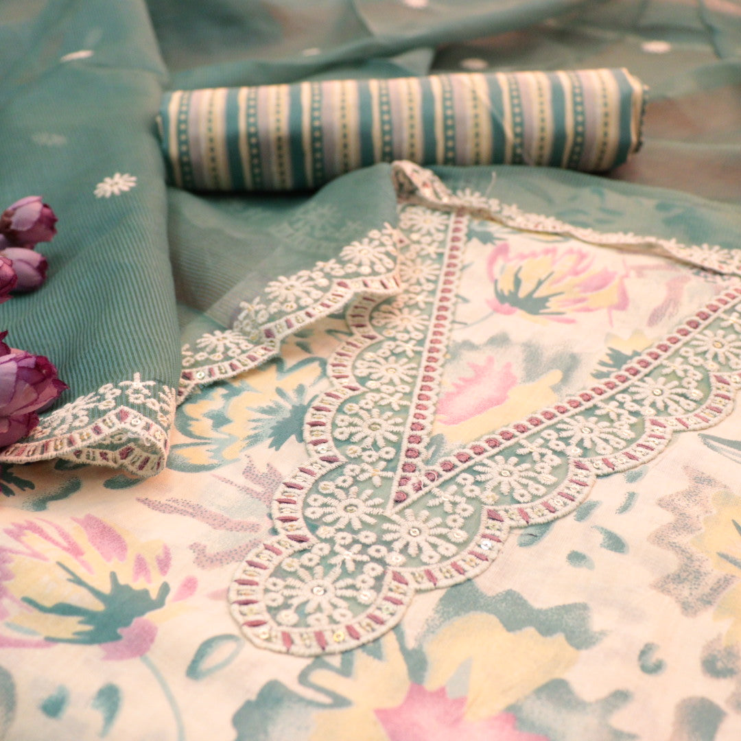 Raina  Bottle Green V Neck Lace Work Floral Print Cotton Suit Set