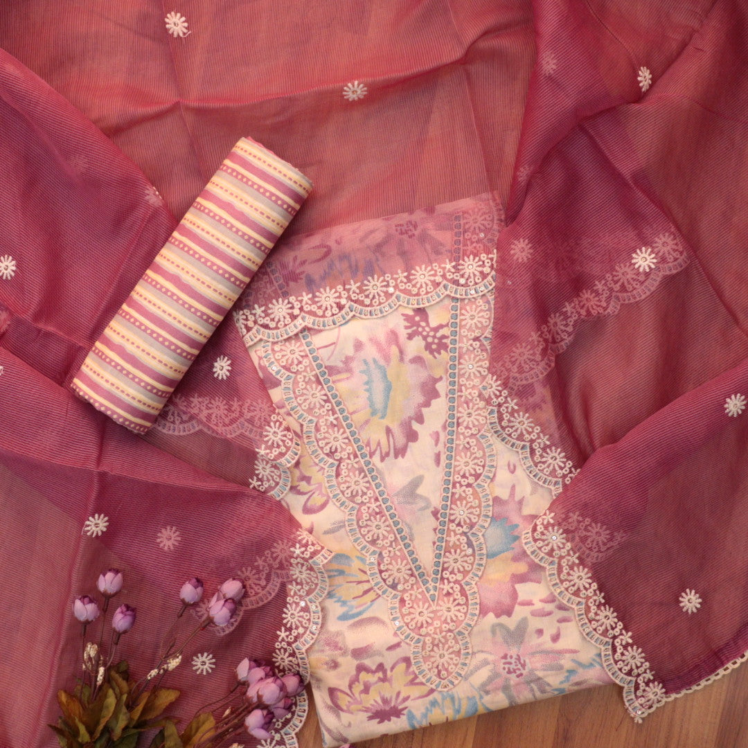 Raina Mulberry Mauve V Neck Lace Work Floral Print Cotton Suit Set