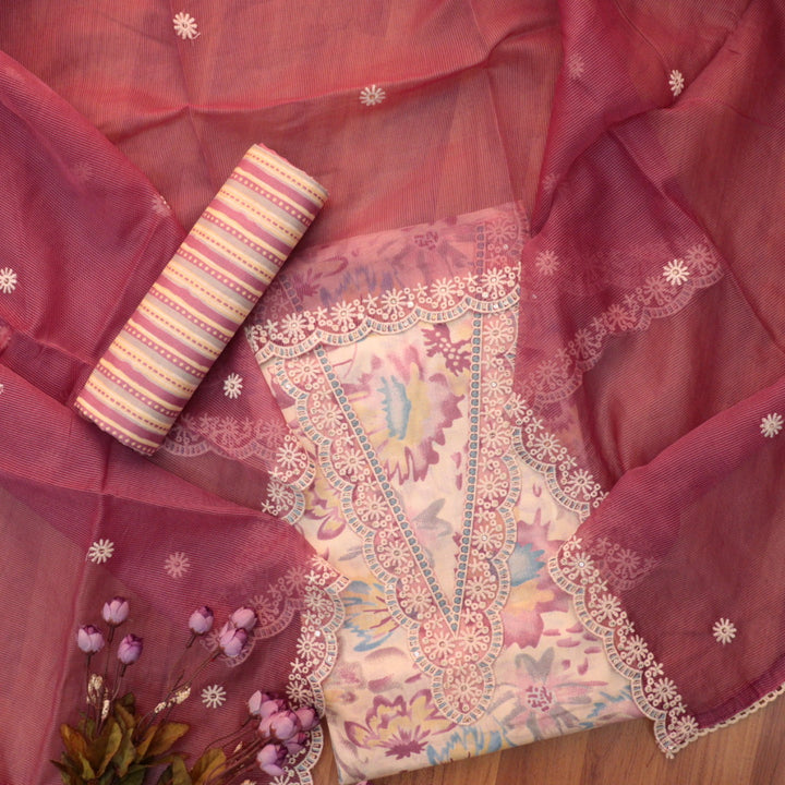 Raina Mulberry Mauve V Neck Lace Work Floral Print Cotton Suit Set