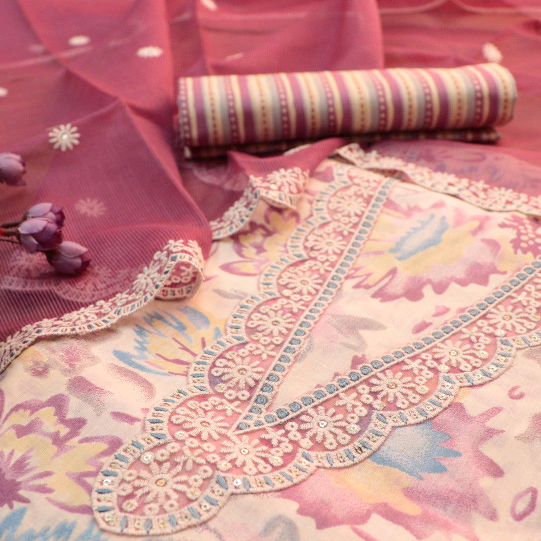 Raina Mulberry Mauve V Neck Lace Work Floral Print Cotton Suit Set