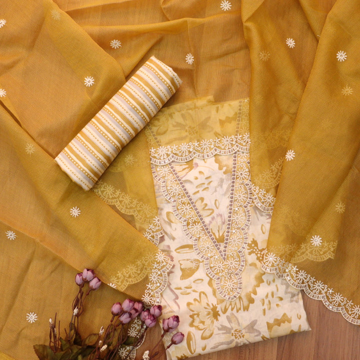 Raina Dandelion Yellow V Neck Lace Work Floral Print Cotton Suit Set