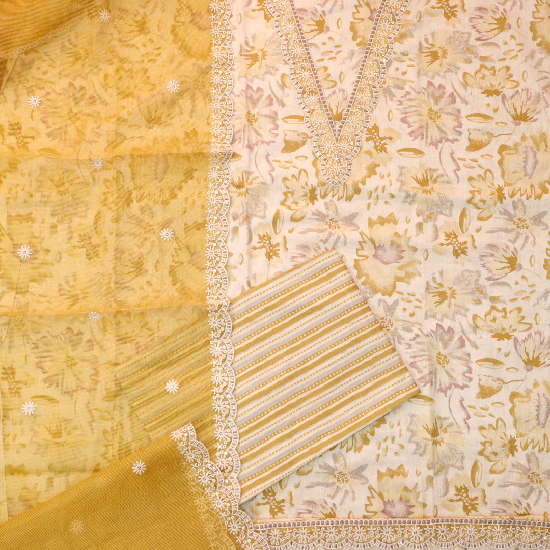 Raina Dandelion Yellow V Neck Lace Work Floral Print Cotton Suit Set