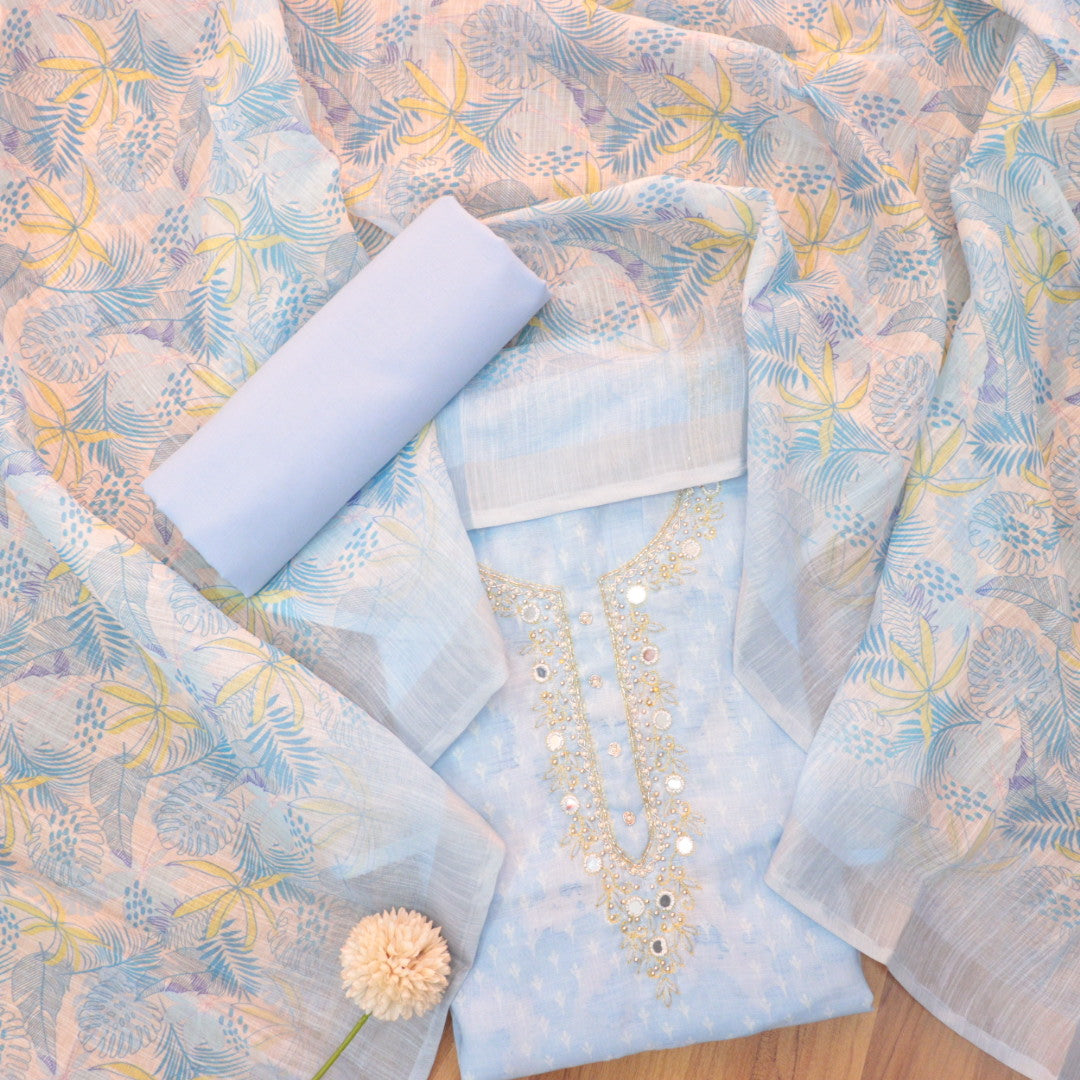 Roshni Powder Blue Embellished Neck with Mirror Floral Print Cotton Linen Suit Set