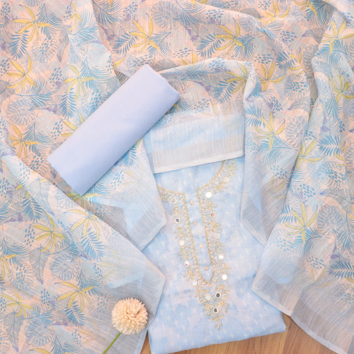 Roshni Powder Blue Embellished Neck with Mirror Floral Print Cotton Linen Suit Set