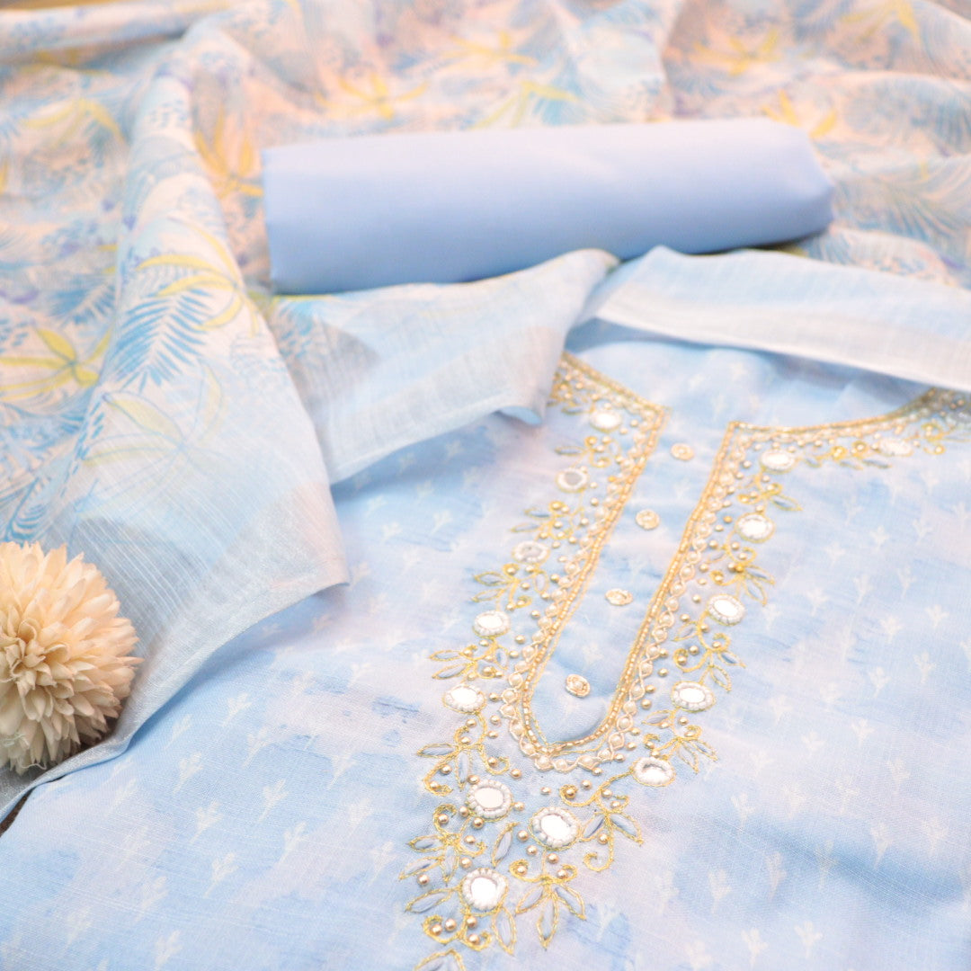 Roshni Powder Blue Embellished Neck with Mirror Floral Print Cotton Linen Suit Set