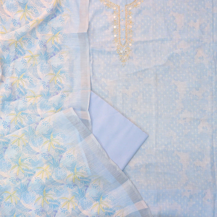 Roshni Powder Blue Embellished Neck with Mirror Floral Print Cotton Linen Suit Set