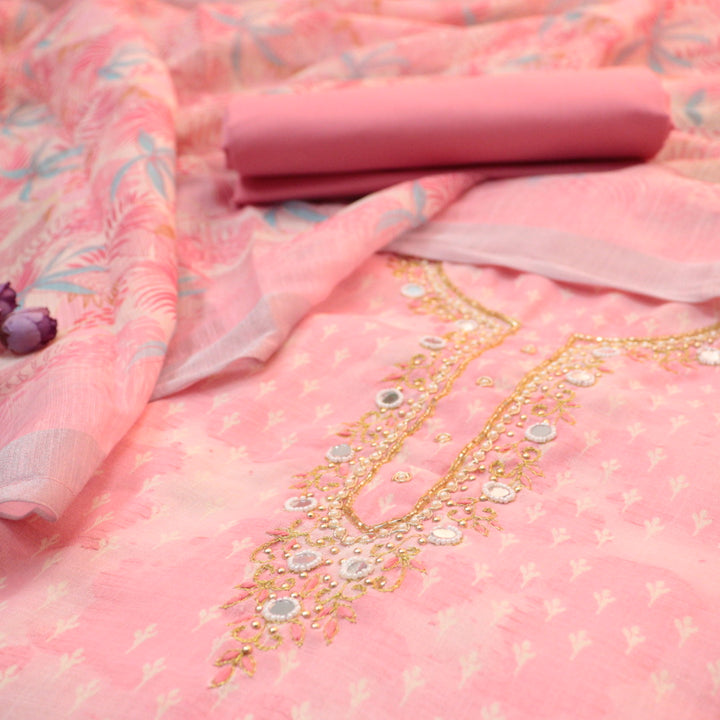 Roshni Candy Pink Embellished Neck with Mirror Floral Print Cotton Linen Suit Set