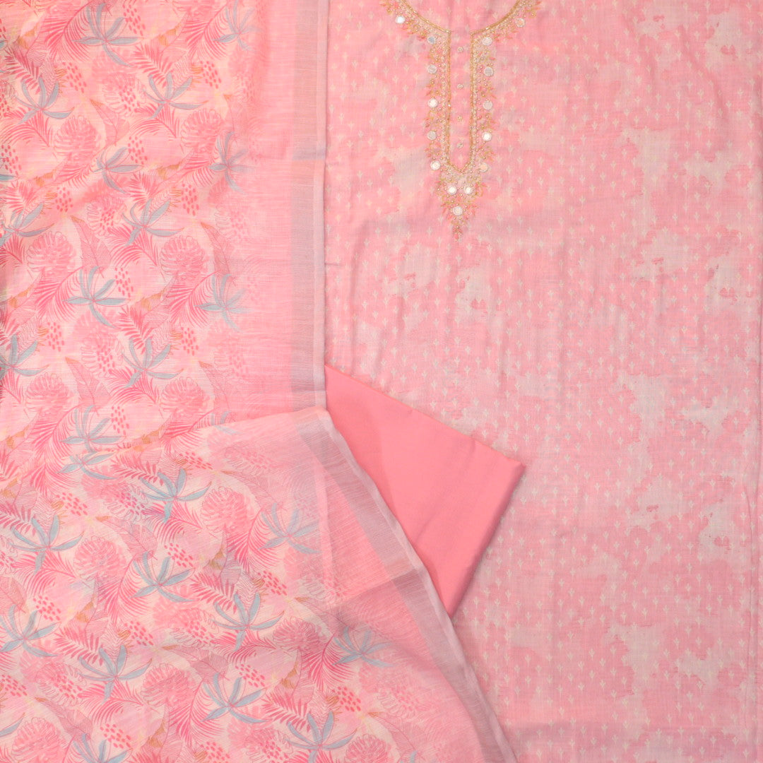 Roshni Candy Pink Embellished Neck with Mirror Floral Print Cotton Linen Suit Set