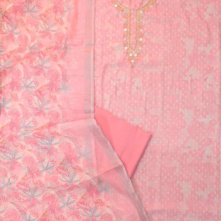 Roshni Candy Pink Embellished Neck with Mirror Floral Print Cotton Linen Suit Set