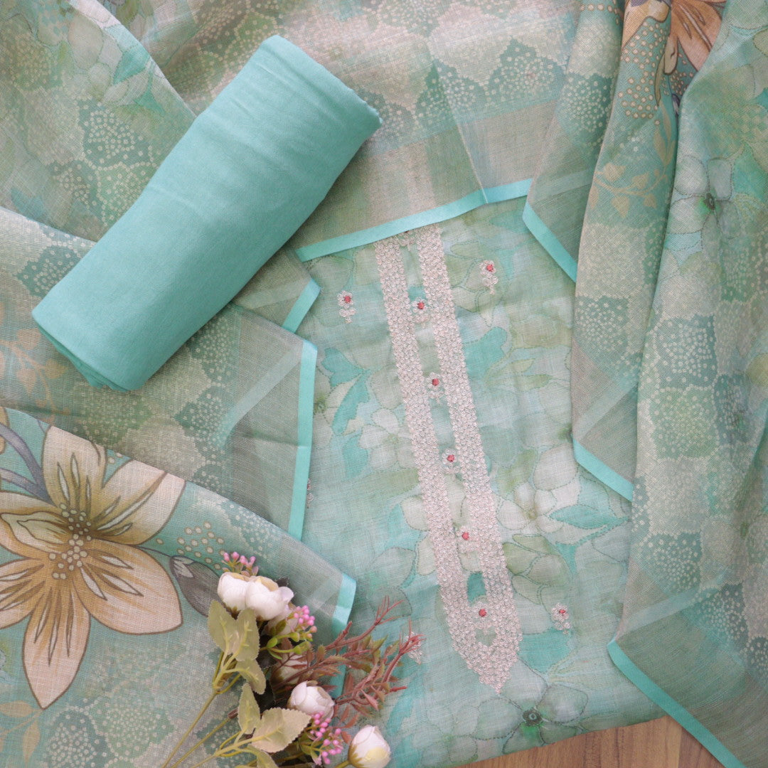 Beliya Cyan Teal Zari Detailing in Floral Printed Shimmer Tissue Linen Suit Set