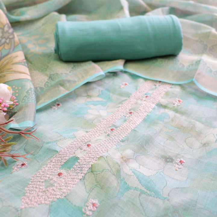 Beliya Cyan Teal Zari Detailing in Floral Printed Shimmer Tissue Linen Suit Set