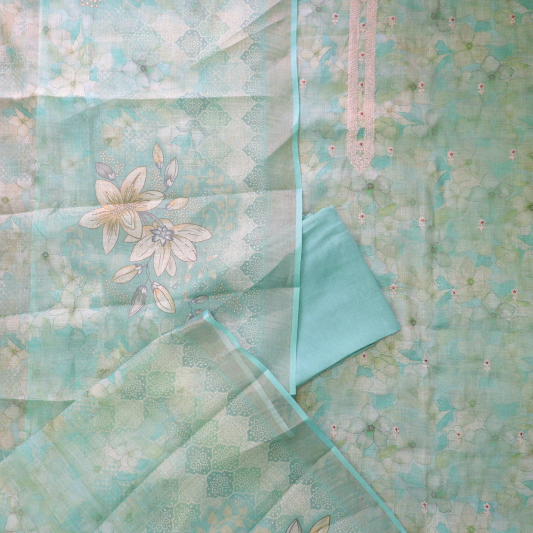 Beliya Cyan Teal Zari Detailing in Floral Printed Shimmer Tissue Linen Suit Set