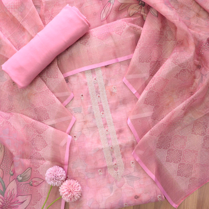 Beliya Candy PInk Zari Detailing in Floral Printed Shimmer Tissue Linen Suit Set