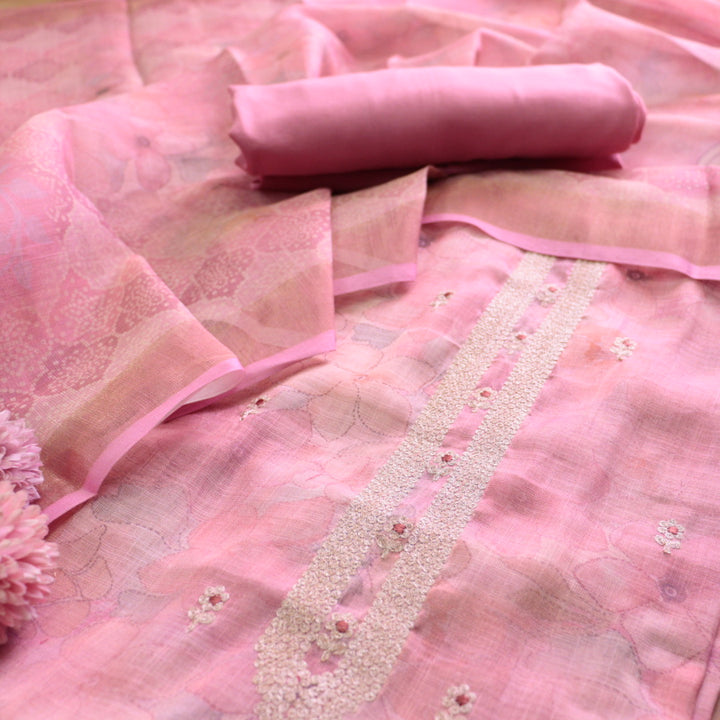 Beliya Candy PInk Zari Detailing in Floral Printed Shimmer Tissue Linen Suit Set