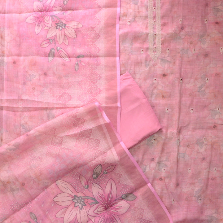 Beliya Candy PInk Zari Detailing in Floral Printed Shimmer Tissue Linen Suit Set