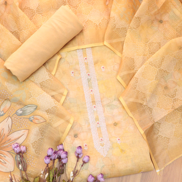 Beliya Buttermilk Yellow Zari Detailing in Floral Printed Shimmer Tissue Linen Suit Set