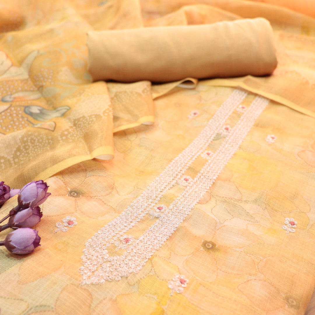 Beliya Buttermilk Yellow Zari Detailing in Floral Printed Shimmer Tissue Linen Suit Set