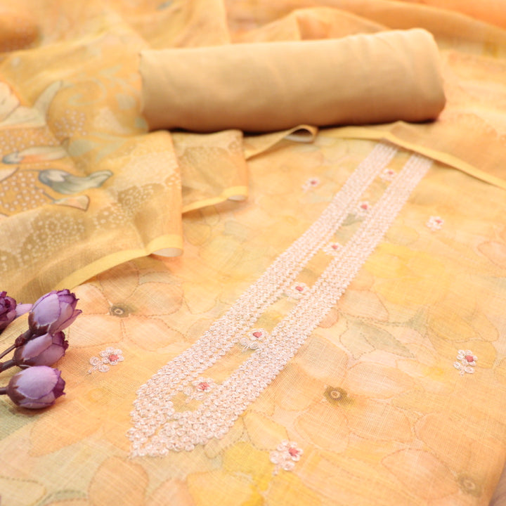 Beliya Buttermilk Yellow Zari Detailing in Floral Printed Shimmer Tissue Linen Suit Set