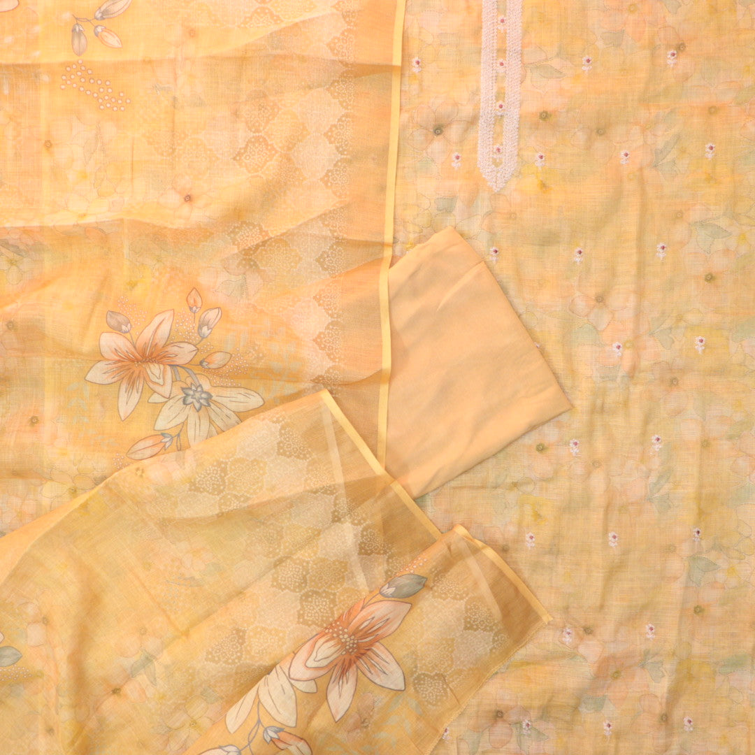Beliya Buttermilk Yellow Zari Detailing in Floral Printed Shimmer Tissue Linen Suit Set