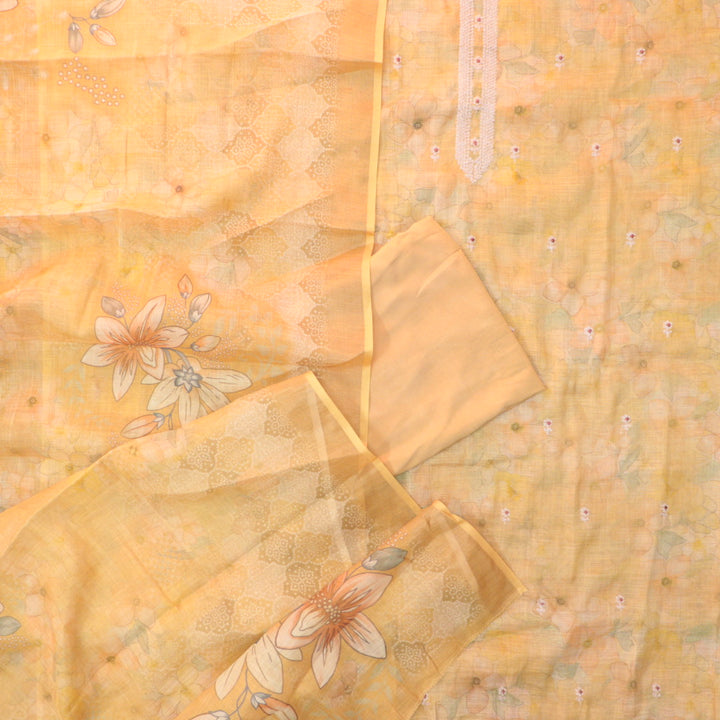 Beliya Buttermilk Yellow Zari Detailing in Floral Printed Shimmer Tissue Linen Suit Set