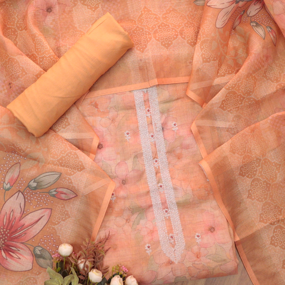 Beliya Yam Orange Zari Detailing in Floral Printed Shimmer Tissue Linen Suit Set