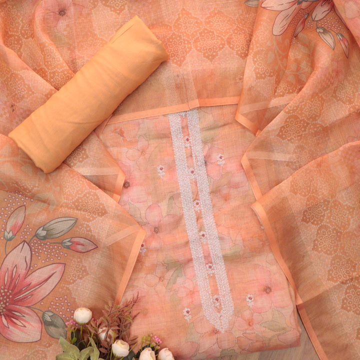 Beliya Yam Orange Zari Detailing in Floral Printed Shimmer Tissue Linen Suit Set