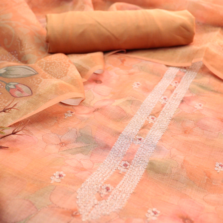 Beliya Yam Orange Zari Detailing in Floral Printed Shimmer Tissue Linen Suit Set