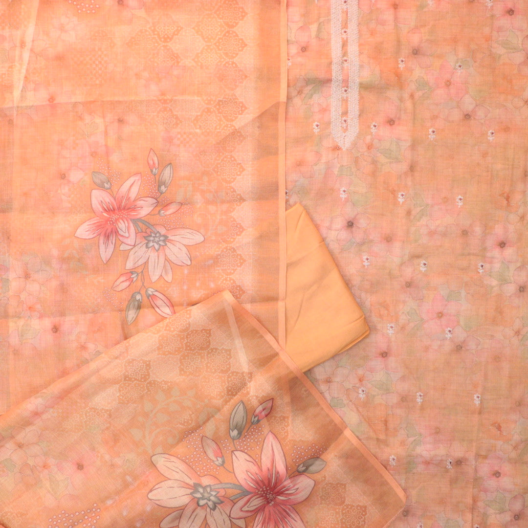 Beliya Yam Orange Zari Detailing in Floral Printed Shimmer Tissue Linen Suit Set